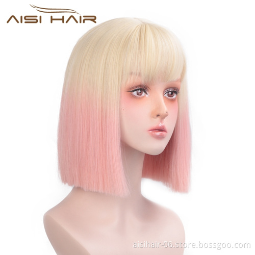 Vendors Short Straight Ombre Blonde Pink High Quality Heat Resistant Short Synthetic Wigs For Black Women